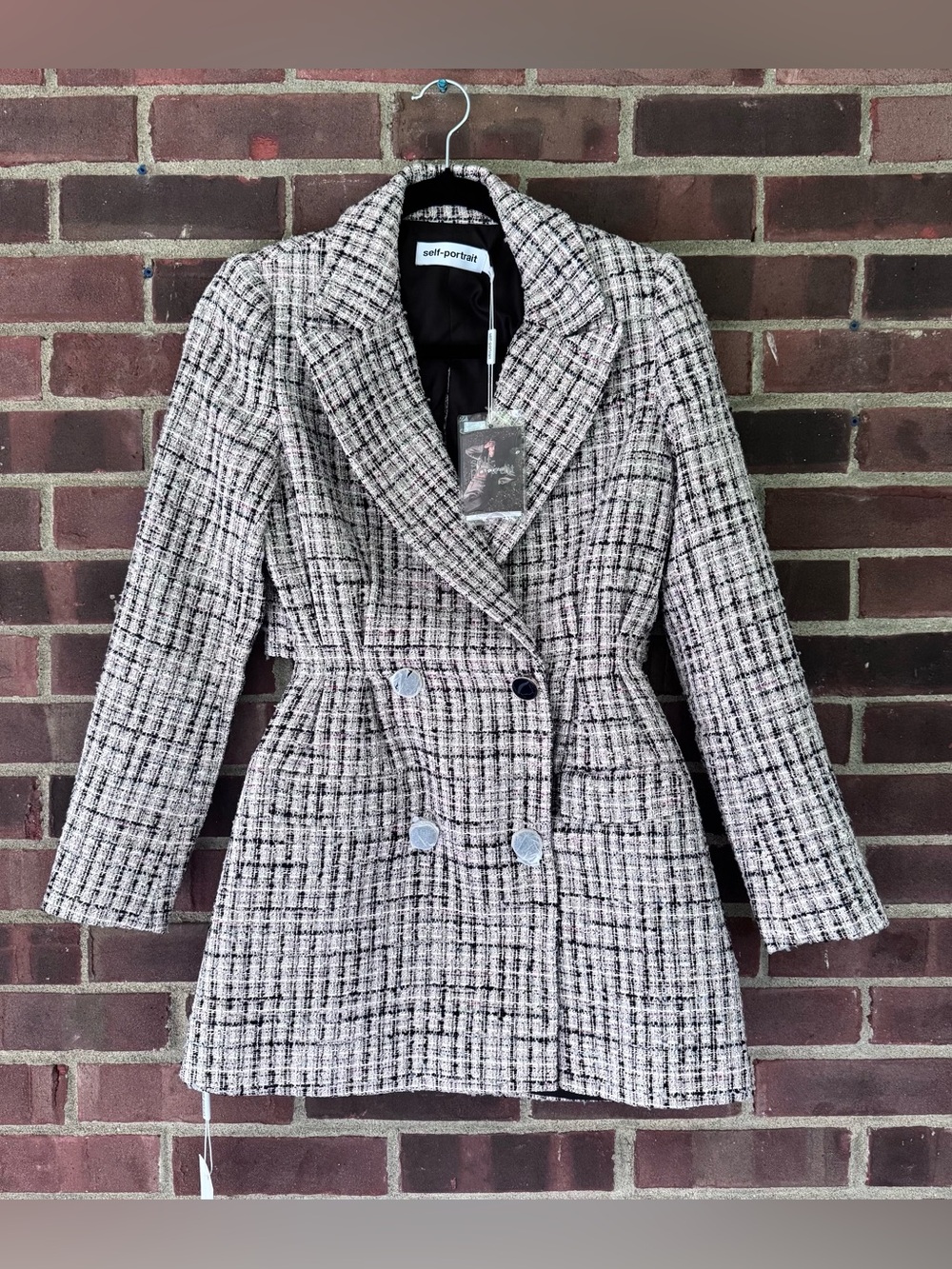 Self-Portrait Tweed Blazer Dress Women’s US 0 Pink Plaid Cutout Jacket Dress NWT